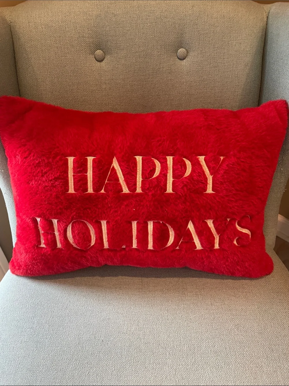 Happy Holidays Red Faux Fur Decorative Pillow - Festive Accent